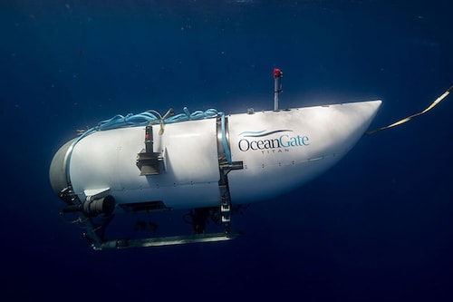 The Titan, a submersible bound for the Titanic wreckage deep under sea level, went missing an hour and 45 minutes into its dive. It has five passengers on board. Image:  Ocean Gate / Handout/Anadolu Agency via Getty Images
