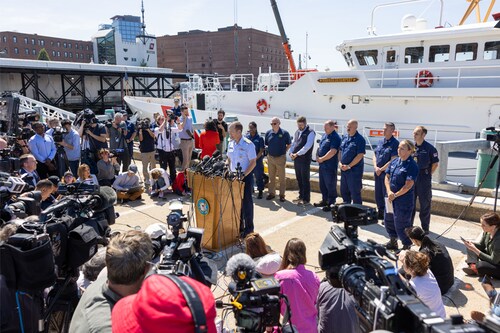Rear Adm. John Mauger, the First Coast Guard District commander, gives an update on the search efforts for five people aboard a missing submersible approximately 900 miles off Cape Cod, on June 22, 2023 in Boston, Massachusetts. Remnants believed to be of the Titan submersible were found approximately 1,600 feet from the bow of the Titanic on the sea floor, according to the US Coast Guard, and all five occupants are believed to be dead. Image: Scott Eisen/Getty Images