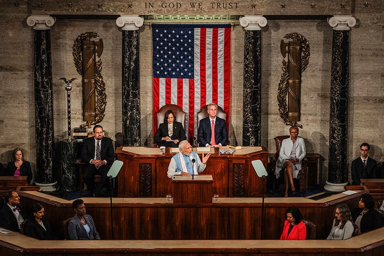 US Vice President Kamala Harris and Speaker of the House Kevin McCarthy (R-CA) listen to Indian Prime Minister Narendra Modi address a Joint Meeting of the 118th Congress in the House Chamber on Thursday, June 22, 2023, in Washington, DC.