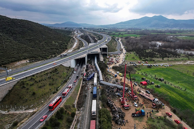 An aerial view of the site of a crash, where two trains collided, near the city of Larissa, Greece, March 1, 2023. At least 38 people were killed and another 85 sustained injuries. The train accident happened in the Tempi Valley near the city of Larissa.