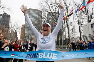 Australian water scarcity activist Mina Guli completes her 200th marathon outside UN headquarters, ahead the UN Water Conference, on March 22, 2023 Image: Leonardo Munoz/ AFP
