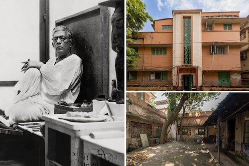 Clockwise from left: Jamini Roy in his home studio. The bungalow in Ballygunge Place. The courtyard garden where Jamini would often paint. Image: Courtesy DAG Clockwise from left: Jamini Roy in his home studio. The bungalow in Ballygunge Place. The courtyard garden where Jamini would often paint. Image: Courtesy DAG