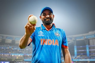 Mohammed Shami of India poses after taking five wickets following the ICC Men"s Cricket World Cup India 2023 between India and Sri Lanka at Wankhede Stadium on November 02, 2023 in Mumbai, India.
Image: Alex Davidson-ICC/ICC via Getty Images