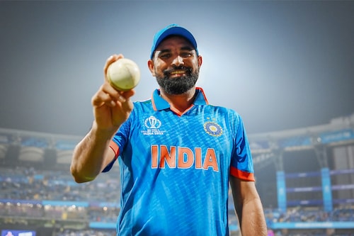Mohammed Shami of India poses after taking five wickets following the ICC Men"s Cricket World Cup India 2023 between India and Sri Lanka at Wankhede Stadium on November 02, 2023 in Mumbai, India.
Image: Alex Davidson-ICC/ICC via Getty Images Mohammed Shami of India poses after taking five wickets following the ICC Men"s Cricket World Cup India 2023 between India and Sri Lanka at Wankhede Stadium on November 02, 2023 in Mumbai, India.
Image: Alex Davidson-ICC/ICC via Getty Images