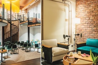 The podcast studio (extreme right) and the stage for performances at district150, a brand new creators space in Hyderabad
Image: Darsheel Nahata