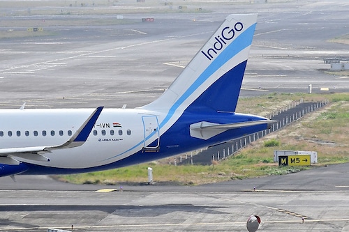 (File) Indigo aeroplane"s tail seen at the airport in Mumbai. Image: Ashish Vaishnav/SOPA Images/LightRocket via Getty Images