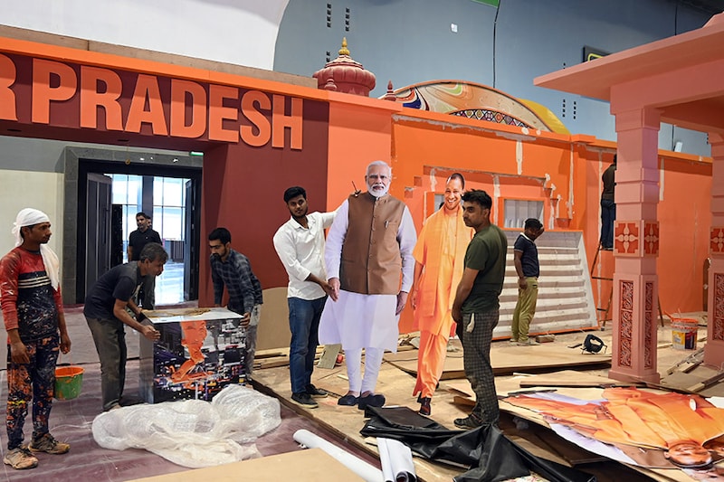 Cutouts of Prime Minister Narendra Modi and Chief Minister Yogi Adityanath at the Uttar Pradesh pavilion as the final touches are being given during preparations for the 42nd International Trade Fair at Pragati Maidan on November 13, 2023, in New Delhi, India.