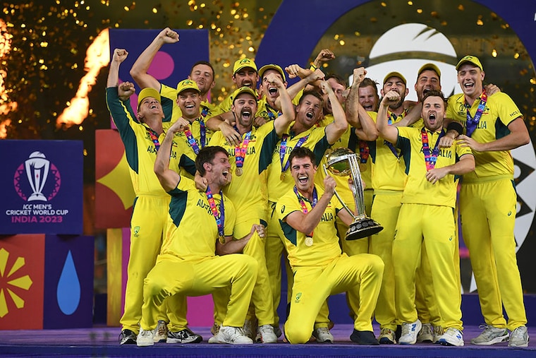 Pat Cummins of Australia lifts the ICC Men"s Cricket World Cup Trophy following the ICC Men"s Cricket World Cup India 2023 Final between India and Australia at Narendra Modi Stadium on November 19, 2023, in Ahmedabad, India.