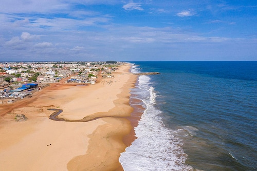 This aerial view shows the coastline of a beach east of Cotonou on October 23, 2023.
Image: Yanick Folly / AFP This aerial view shows the coastline of a beach east of Cotonou on October 23, 2023.
Image: Yanick Folly / AFP