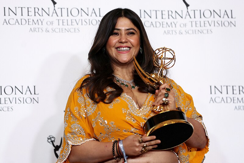 Ektaa R Kapoor poses with The Directorate Award at the 51st International Emmy Awards in New York City, New York, US, November 20, 2023.