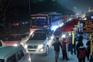 Heavy traffic jam seen due to wedding season at Pandav Nagar Road near NH-9, on November 24, 2023 in Ghaziabad, India.