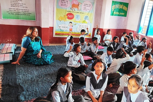 Safeena Husain (in green), founder of the NGO Educate Girls, is the first Indian woman to win the WISE Award for Education 2023 as an advocate for girls" education in India.