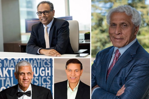 (Top) (From L to R): Rajiv Jain, founder, GQG Partners Romesh T Wadhwani, chairman, Symphony AI. (Bottom) (From L to R): Vinod Khosla, founder, Khosla Ventures Jay Chaudhry, CEO, Zscaler. Image (Vinod Khosla): Kim Kulish/Corbis via Getty Images