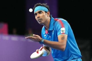 India"s Sharath Kamal Achanta during the Men"s Singles Gold Medal Match at The NEC on day eleven of the 2022 Commonwealth Games in Birmingham. Image: Tim Goode/PA Images via Getty Images