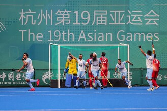 The Indian Hockey Team celebrates winning gold medals during the Asian Games Men"s Final Hockey event match between Japan and India at Gongshu Canal Sports Park Gymnasium on October 06, 2023, in Hangzhou, China.