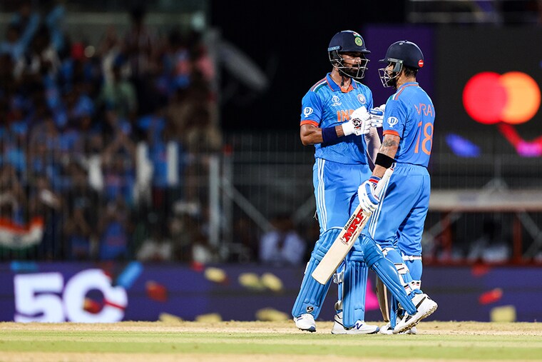 Virat Kohli and KL Rahul of India interact during the ICC Men"s Cricket World Cup India 2023 match between India and Australia at MA Chidambaram Stadium on October 08, 2023, in Chennai, India. India won the match by 6 wickets after Kohli and Rahul built the innings with their 85 and 97 runs contribution, respectively.
