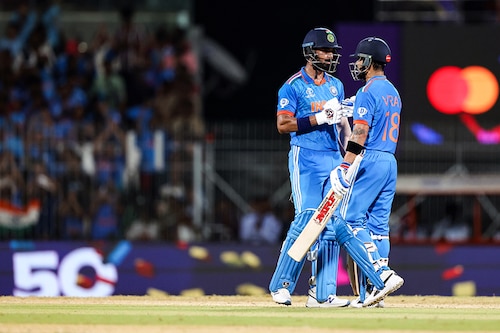 Virat Kohli and KL Rahul of India interact during the ICC Men"s Cricket World Cup India 2023 match between India and Australia at MA Chidambaram Stadium on October 08, 2023, in Chennai, India. India won the match by 6 wickets after Kohli and Rahul built the innings with their 85 and 97 runs contribution, respectively.