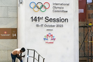 The venue being prepped for the upcoming 141st International Olympic Committee (IOC) session in Mumbai beginning October 15. Image: Indranil Mukherjee / AFP