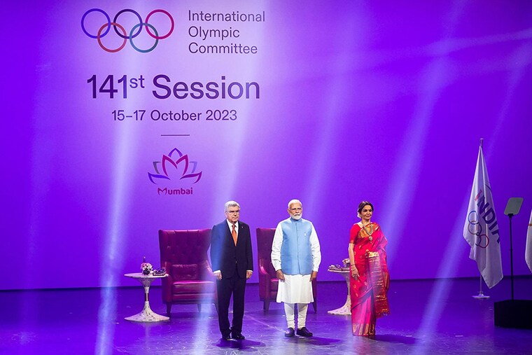 PM Narendra Modi, seen here with International Olympic Committee (IOC) President Thomas Bach (left) and Nita Ambani (right), the chairperson of the Reliance Foundation and an IOC member, inaugurated the 141st session of the IOC in Mumbai on Saturday, where he announced India"s desire to host the 2036 Games. "India will leave no stone unturned in organising the 2036 Olympics," the PM told the delegates ahead of the session that returned to India for the first time in 40 years.