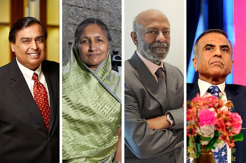 (from left) Indian billionaires Mukesh Ambani, Savitri Jindal, Shiv Nadar and Sunil Mittal (from left) Indian billionaires Mukesh Ambani, Savitri Jindal, Shiv Nadar and Sunil Mittal