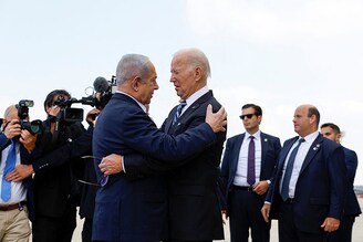 U.S. President Joe Biden is welcomed by Israeli Prime Minster Benjamin Netanyahu, as he visits Israel amid the ongoing conflict between Israel and Palestine, in Tel Aviv, Israel, October 18, 2023.