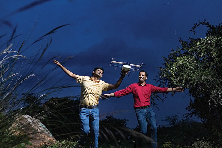 Utham Kumar Dharmapuri (L), co-founder and CTO with Maruthi Amardeep Sri Vatsavaya, co-founder &amp CEO, BluJ Aerospace
Image: Vikas Chandra Pureti for Forbes India