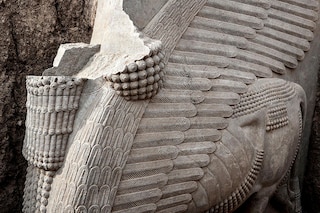 A 2,700-year-old alabaster sculpture of the winged Assyrian deity Lamassu was found largely intact despite its large dimensions. Image: Zaid-Al-Obeidi / AFPÂ©