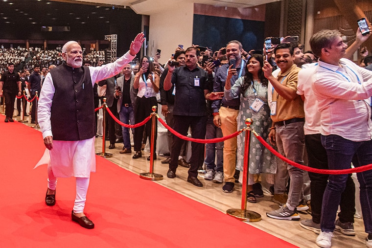 India"s Prime Minister, Narendra Modi, arrives at the Bharat Mandapam to inaugurate the India Mobile Congress 2023, in New Delhi, India, on October 27, 2023. Image: Kabir Jhangiani/NurPhoto via Getty Images