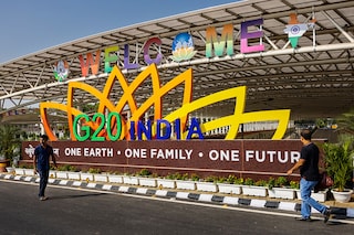 G20 signage welcomes foreign and national visitors on September 05, 2023 in Delhi, India. The 18th G20 Summit will take place September 9 - 10, 2023. (Photo by Elke Scholiers/Getty Images)