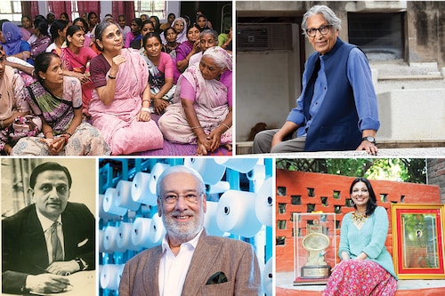 (Clockwise): Ela Bhatt, Activist Balkrishna Vithaldas Doshi, Architect Mallika Sarabhai, activist and Indian classical dancer Sanjay Lalbhai, chairman and MD of Arvind Ltd Vikram Sarabhai, physicist  (Clockwise): Ela Bhatt, Activist Balkrishna Vithaldas Doshi, Architect Mallika Sarabhai, activist and Indian classical dancer Sanjay Lalbhai, chairman and MD of Arvind Ltd Vikram Sarabhai, physicist 