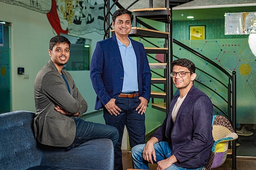 (From left) Karthik Hajela, Pankaj Sharma and Akshay Singhal, Co-founders, Log9<br>Image: Nishant Ratnakar for Forbes India