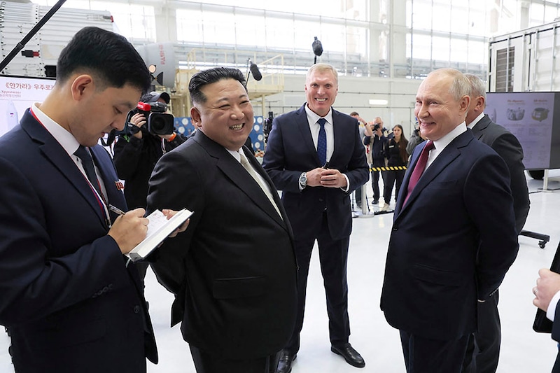 This picture taken on September 13, 2023 and released by North Korea"s official Korean Central News Agency (KCNA) on September 14 shows North Korea"s leader Kim Jong Un (2nd L) and Russia"s President Vladimir Putin (R) visitng the Vostochny Cosmodrome in Russia"s Amur region.