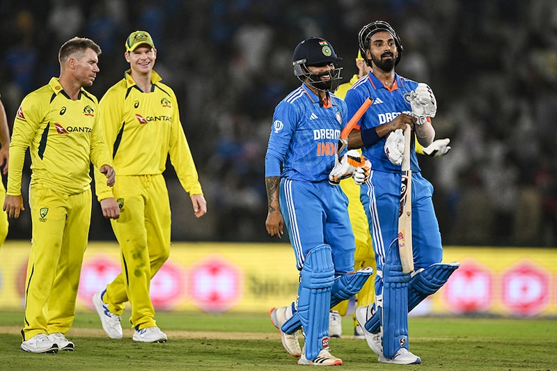 India"s KL Rahul (R) and Ravindra Jadeja walk back to the pavillon after India won the first one-day international (ODI) cricket match between India and Australia at the Punjab Cricket Association Stadium in Mohali on September 22, 2023.