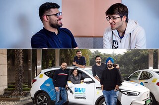 (Top) (L-R) Kaivalya Vohra, CTO, Aadit Palicha, CEO, Zepto. (Bottom) Anmol Singh Jaggi, CEO Punit Goyal, Co-Founder Tushar Garg, Chief Business Officer Anirudh Arun, COO Rishabh Sood, CTO, BluSmart. Image: (BluSmart): Madhu Kapparath