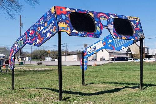 The City of Dripping Springs, Texas, prepares for the solar eclipse with a set of larger than life glasses on display at Veterans Memorial Park.
Image: Suzanne Cordeiro / AFP© The City of Dripping Springs, Texas, prepares for the solar eclipse with a set of larger than life glasses on display at Veterans Memorial Park.
Image: Suzanne Cordeiro / AFP©