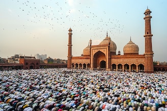 Muslims perform the prayer of Eid al-Fitr, marking the end of the holy Islamic fasting month of Ramadan, at the Jama Masjid mosque in the old quarters of New Delhi, India, on April 11, 2024.