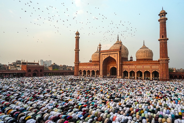 Muslims perform the prayer of Eid al-Fitr, marking the end of the holy Islamic fasting month of Ramadan, at the Jama Masjid mosque in the old quarters of New Delhi, India, on April 11, 2024.