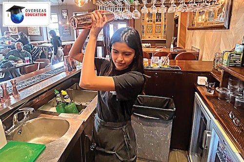 Chaya Upadhyay from Navi Mumbai moved to England to pursue a master’s in corporate communications, marketing and public relations from the University of Leeds has taken up a part-time job as a bartender at a local brewery. Chaya Upadhyay from Navi Mumbai moved to England to pursue a master’s in corporate communications, marketing and public relations from the University of Leeds has taken up a part-time job as a bartender at a local brewery.