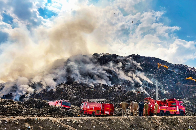 Firefighters worked around the clock to douse the fire at the Gazipur Landfill area on April 22, 2024, in New Delhi, India.