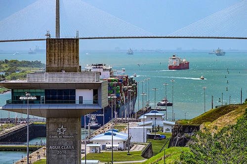 A cargo ship passes through the Panama Canal"s Agua Clara locks on Gatun Lake in Colon, Panama, on April 14, 2024. The number of ships allowed through the drought-hit Panama Canal each day will be increased thanks to signs of an improvement in water levels, authorities said on April 15, 2024.
Image: Martin Bernetti / AFP A cargo ship passes through the Panama Canal"s Agua Clara locks on Gatun Lake in Colon, Panama, on April 14, 2024. The number of ships allowed through the drought-hit Panama Canal each day will be increased thanks to signs of an improvement in water levels, authorities said on April 15, 2024.
Image: Martin Bernetti / AFP