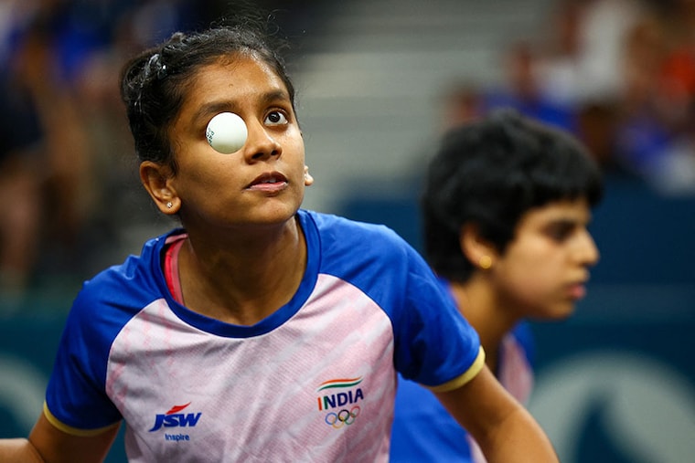 India"s Sreeja Akula and Archana Girish Kamath in action during their round of 16 team match against Romania"s Adina Diaconu and Elizabeta Samara playing Table Tennis Women"s Team Round of 16 during Paris 2024 Olympics at South Paris Arena 4, in Paris, France on August 05, 2024.