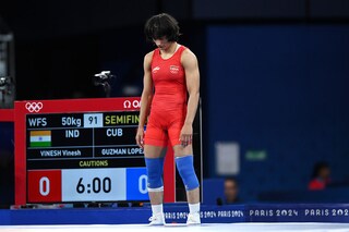 Vinesh Phogat of team India pictured before the wrestling match with Cuba"s Yusneylis Guzman Lopez at the Olympic Games 2024 on August 6 in Paris. Image: David Ramos/Getty Images