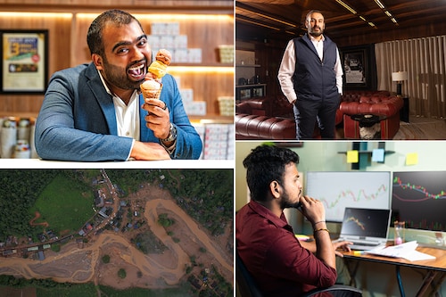 Clockwise: Siddhant Kamath, Director, Natural Ice Cream Namit Malhotra, Producer and CEO of British visual effects company DNEG An aerial view shows the site of a landslide on July 31, 2024, in Chooralmala village, India