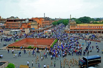 Bhim Sena activists take out a protest rally against the Supreme Court"s August 1 decision on the issue of SC-ST reservation at Badi Chaupar during "Bharat Bandh" in Jaipur, Rajasthan, India, on August 21, 2024. Image: Vishal Bhatnagar/NurPhoto via Getty Images