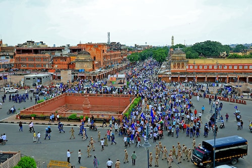 Bhim Sena activists take out a protest rally against the Supreme Court"s August 1 decision on the issue of SC-ST reservation at Badi Chaupar during "Bharat Bandh" in Jaipur, Rajasthan, India, on August 21, 2024. Image: Vishal Bhatnagar/NurPhoto via Getty Images