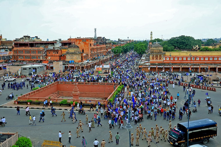 Bhim Sena activists take out a protest rally against the Supreme Court"s August 1 decision on the issue of SC-ST reservation at Badi Chaupar during "Bharat Bandh" in Jaipur, Rajasthan, India, on August 21, 2024. Image: Vishal Bhatnagar/NurPhoto via Getty Images