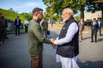 This handout photograph taken and released by Ukrainian Presidential Press Service on August 23, 2024, shows Ukrainian President Volodymyr Zelensky (L) and Indian Prime Minister Narendra Modi shake hands during their meeting in Kyiv, amid the Russian invasion of Ukraine.