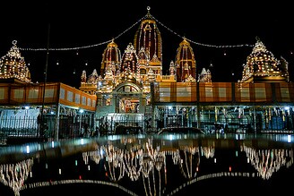 An illuminated exterior view of the Laxmi Narayan temple is pictured on the eve of ‘Janmashtami festival’ in New Delhi on August 25, 2024.