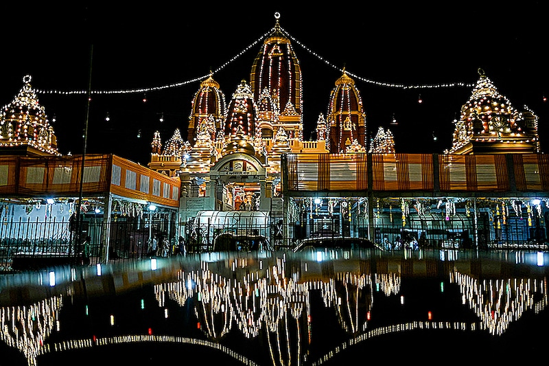 An illuminated exterior view of the Laxmi Narayan temple is pictured on the eve of ‘Janmashtami festival’ in New Delhi on August 25, 2024.