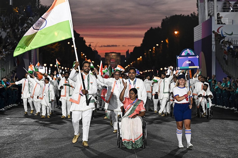 The Indian delegation, led by Sumit Antil and Bhagyashree Jadhav, participates in the Parade of Nations during the opening ceremony of the Paris 2024 Summer Paralympic Games at the Place de la Concorde on August 28, 2024, in Paris, France.